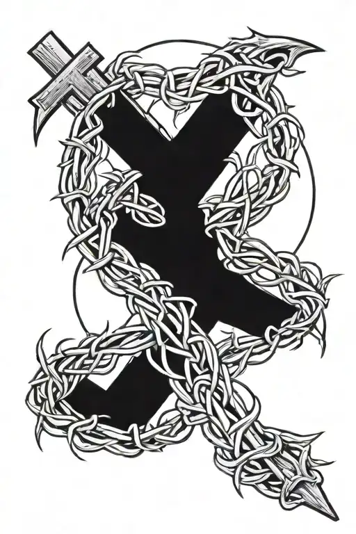 christian cross with circular shaped crown of thorns draped over the top of the cross like a wring on a finger. simpler  tattoo design idea