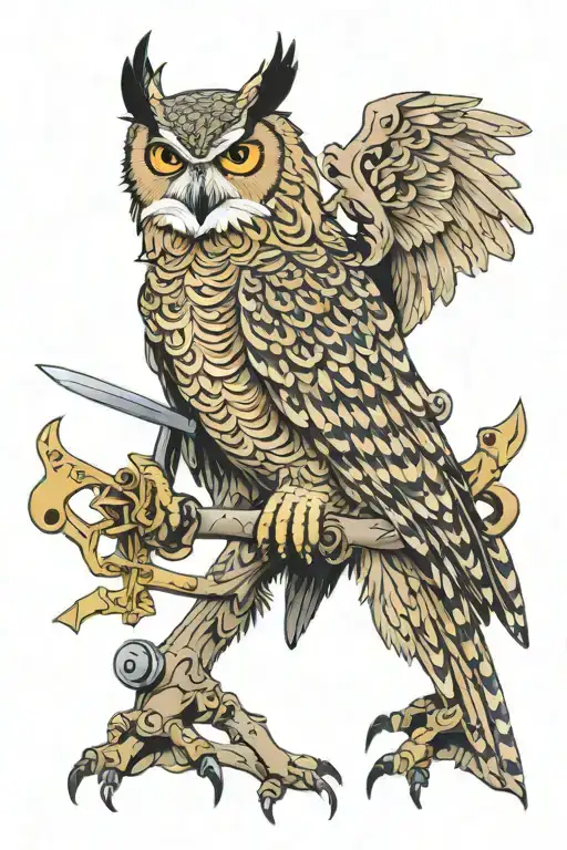 Eagle owl, with open ribcage, a face in the style of Papa Emeritus, holding a sword in its feet  tattoo design idea