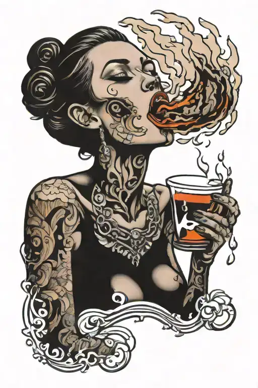 women swallowing burning coal  tattoo design idea