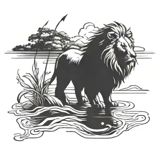 A blackwork tattoo design featuring a lion in a peaceful fishing scene tattoo design idea