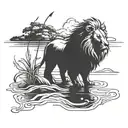 A blackwork tattoo design featuring a lion in a peaceful fishing scene tattoo design idea