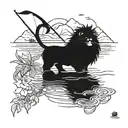 A blackwork tattoo design featuring a lion in a peaceful fishing scene tattoo design idea