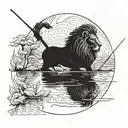 A blackwork tattoo design featuring a lion in a peaceful fishing scene tattoo design idea