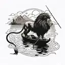 A blackwork tattoo design featuring a lion in a peaceful fishing scene tattoo design idea