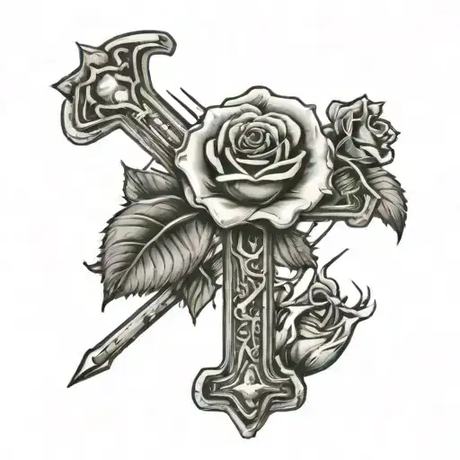 A cross made of welding tools with a rose growing from the center tattoo design idea