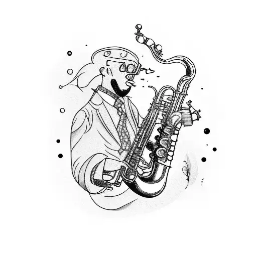 A jazz musician playing a saxophone underwater surrounded by colorful fish tattoo design idea