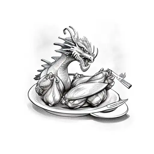 A dragon chef preparing chicken wings in a LA restaurant tattoo design idea
