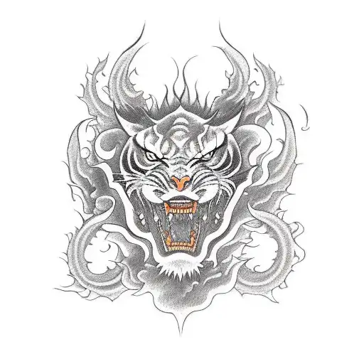A dragon and tiger fighting and smoke and fire coming from the dragon tattoo design idea