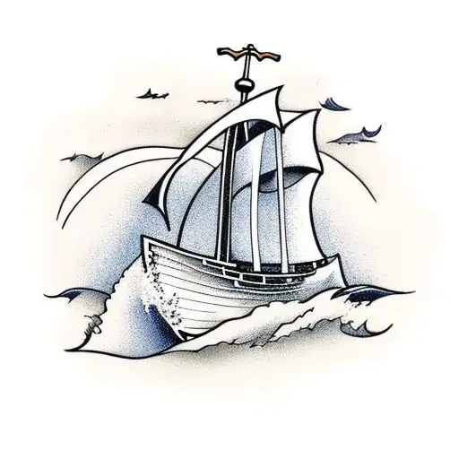 viking ship sailing in sea with shore in background, shore is on fire tattoo design idea