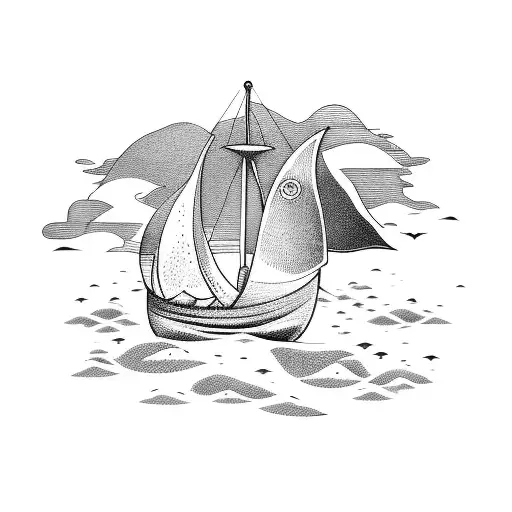 viking ship sailing in sea with shore in background, shore is on fire tattoo design idea