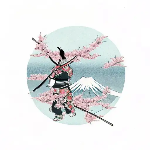 lone samurai with cherry blossom and mount fuji in background tattoo design idea