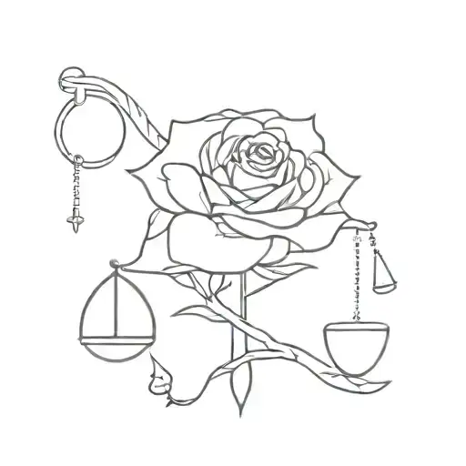 A minimalist tattoo of a rose intertwined with the scales of justice, reflecting the client's profession as a lawyer and their appreciation for roses tattoo design idea