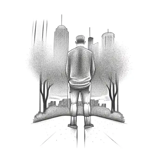 Creator of my own reality, with Houston skyline in background of man standing alone on street, with shadow of man with,  tattoo design idea