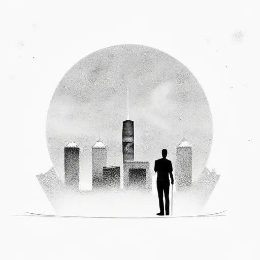 Creator of my own reality, with Houston skyline in background of man standing alone on street, with shadow of man with,  tattoo design idea