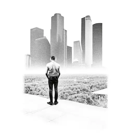 Creator of my own reality, with Houston skyline in background of man standing alone on street, with shadow of man with,  tattoo design idea