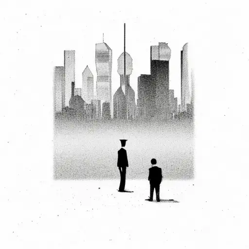 Creator of my own reality, with Houston skyline in background of man standing alone on street, with shadow of man with,  tattoo design idea