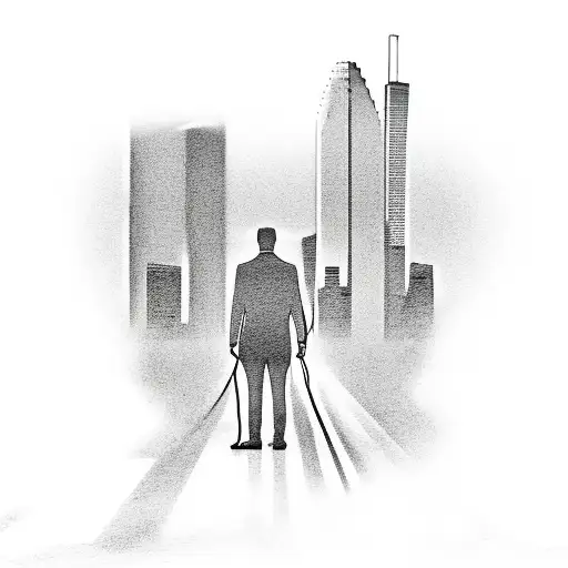Creator of my own reality, with Houston skyline in background of man standing alone on street, with shadow of man with,  tattoo design idea