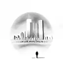 Creator of my own reality, with Houston skyline in background of man standing alone on street, with shadow of man with,  tattoo design idea