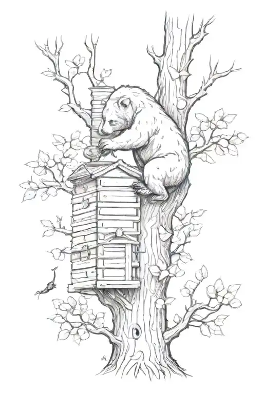 bear climbing tree bee hive tattoo design idea
