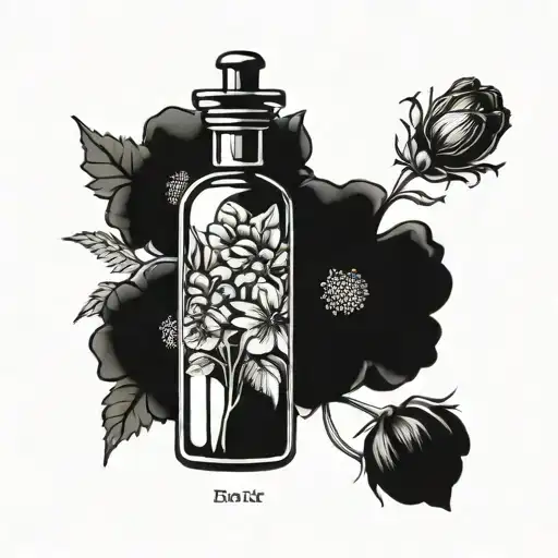 birth flower bouquet with September, October, March and July in old apothecary potion bottle tattoo design idea