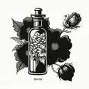 birth flower bouquet with September, October, March and July in old apothecary potion bottle tattoo design idea