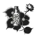 birth flower bouquet with September, October, March and July in old apothecary potion bottle tattoo design idea