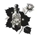 birth flower bouquet with September, October, March and July in old apothecary potion bottle tattoo design idea