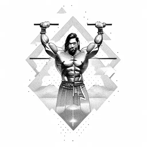 A muscular figure lifting a mountain with rays of light shining from behind tattoo design idea