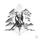 A muscular figure lifting a mountain with rays of light shining from behind tattoo design idea