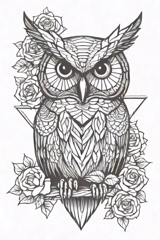 owl,wiking comoass,rose and lines tattoo design idea