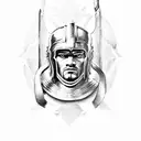 A Spartan warrior lifting weights with a helmet adorned with Greek mythological creatures tattoo design idea
