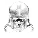 A Spartan warrior lifting weights with a helmet adorned with Greek mythological creatures tattoo design idea