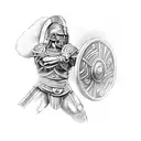 A Spartan warrior lifting weights with a helmet adorned with Greek mythological creatures tattoo design idea