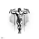 A muscular Greek god holding a barbell in one hand and a sword in the other tattoo design idea