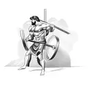 A muscular Greek god holding a barbell in one hand and a sword in the other tattoo design idea
