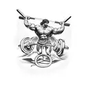 A muscular Greek god holding a barbell in one hand and a sword in the other tattoo design idea