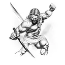A muscular Greek god holding a barbell in one hand and a sword in the other tattoo design idea