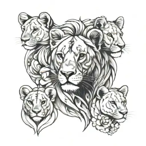 lioness and 4 lion cubs tattoo design idea