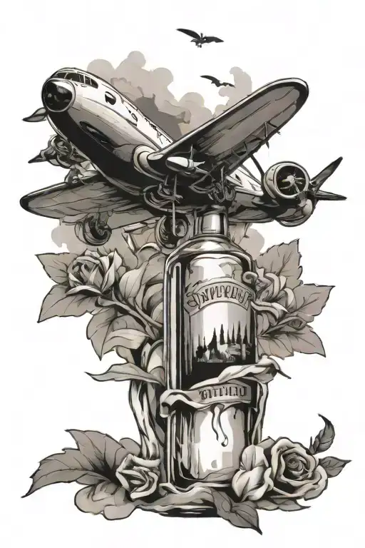 A bottle of whiskey with a plane flying around it, representing the client's passion for alcohol and traveling tattoo design idea