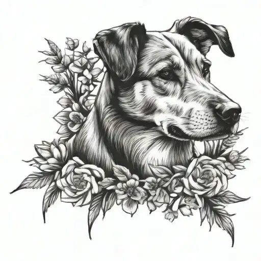 A portrait-style tattoo of a loyal and loving dog surrounded by a wreath of wildflowers and pine trees tattoo design idea