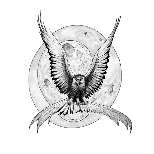 Blackwork Harpy Eagle At Night With Moonlight Tattoo Idea