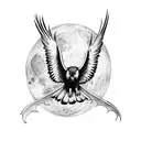 harpy eagle at night with moonlight flying high gothic architecture dark and gloomy atmosphere tattoo design idea