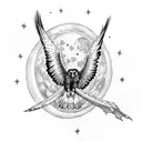 harpy eagle at night with moonlight flying high gothic architecture dark and gloomy atmosphere tattoo design idea