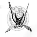 harpy eagle at night with moonlight flying high gothic architecture dark and gloomy atmosphere tattoo design idea