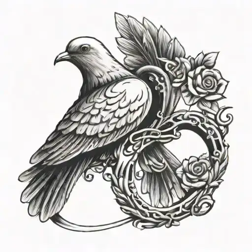 rest in peace with dove holding a golden ring tattoo tattoo design idea