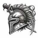 gladiator helmet with a sword and flames left arm sleeve tattoo design idea