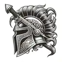 gladiator helmet with a sword and flames left arm sleeve tattoo design idea