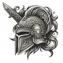 gladiator helmet with a sword and flames left arm sleeve tattoo design idea
