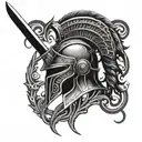 gladiator helmet with a sword and flames left arm sleeve tattoo design idea