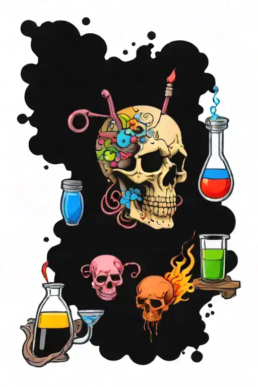 bi polar, skull, rainbow, chemicals, beakers arranged to form tattoo design idea